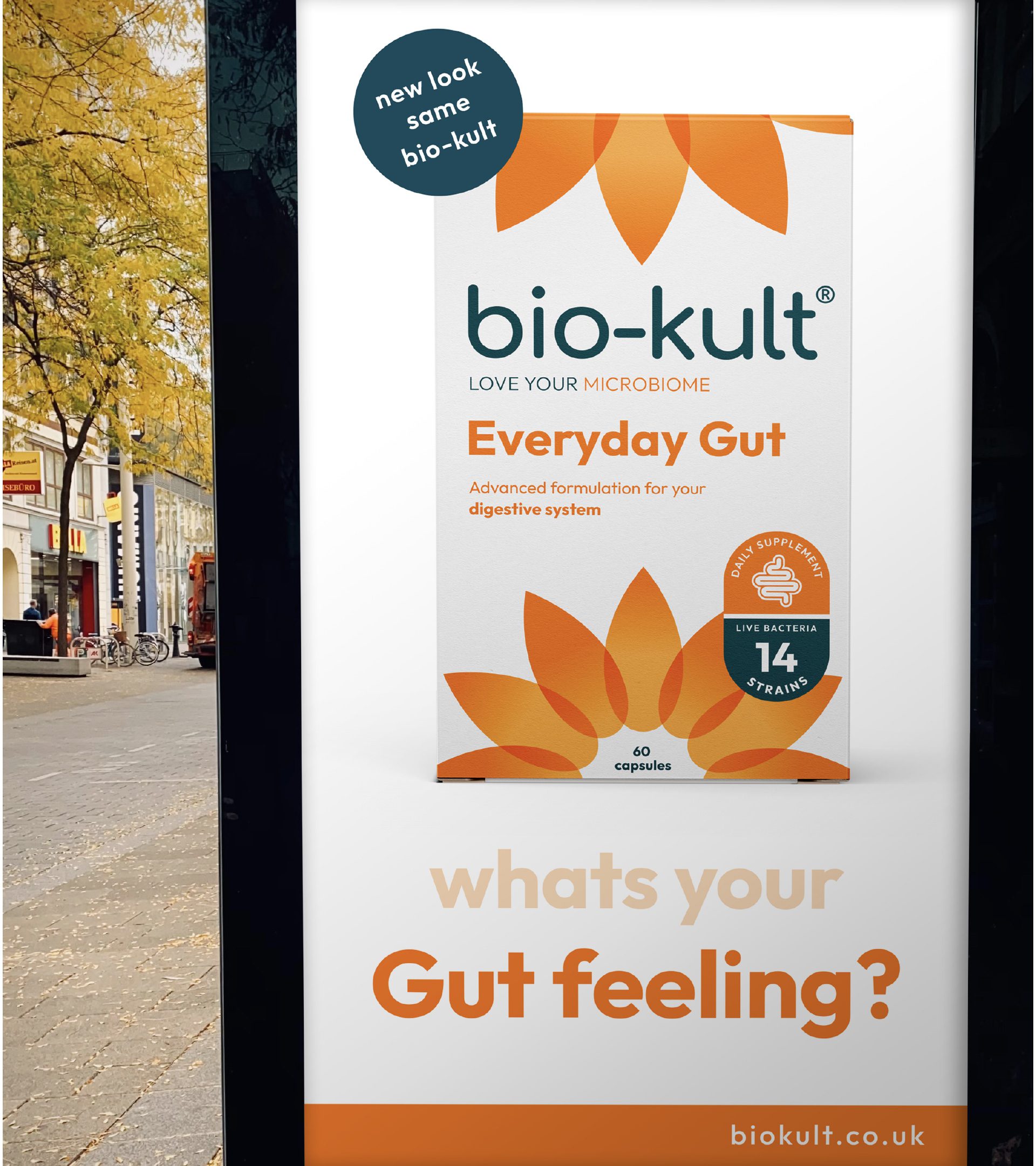 Bio-Kult bus shelter poster. Orange flower development - Everyday Gut