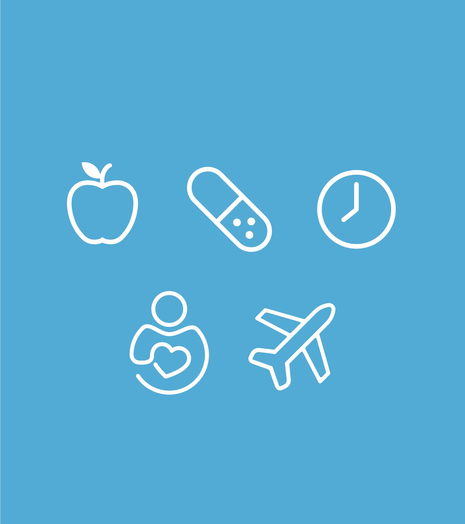 blue background with white icons - apple, pill, clock. health (person holding a. heart) and an airplane