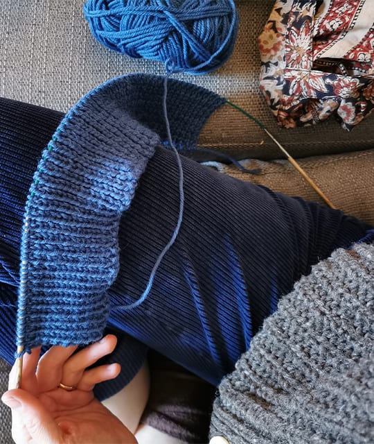 Blue waffle stitch knitting