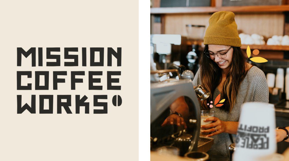 Mission Coffee Works logo and Girl in coffee shop