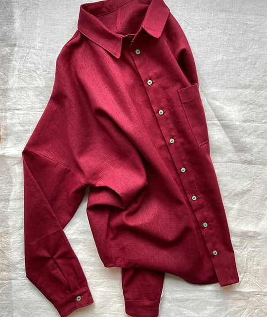 Red linen shirt with green buttons Ella Griffee